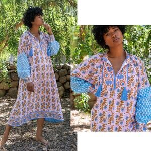 SZ Blockprints Yukari Cotton Maxi Dress Small Pink Blue NEW